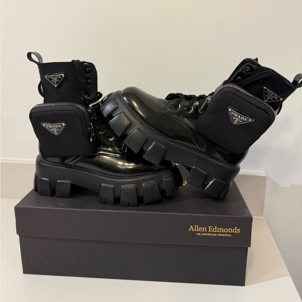 PRADA Monolith leather and Re-Nylon boots with removable pouches, worn only 2x